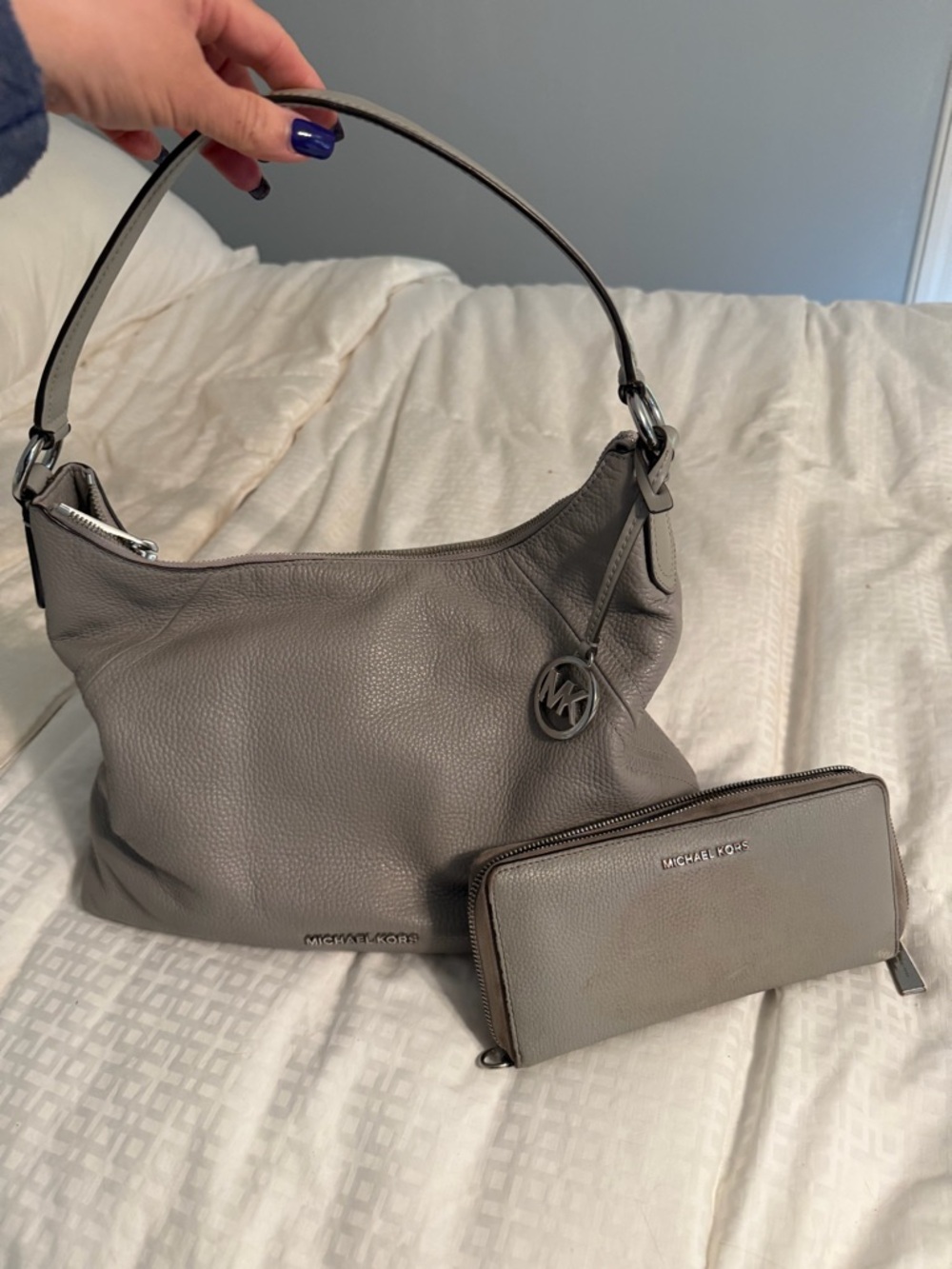 Michael Kors Gray Pebbled Leather Shoulder Bag with Matching Wallet